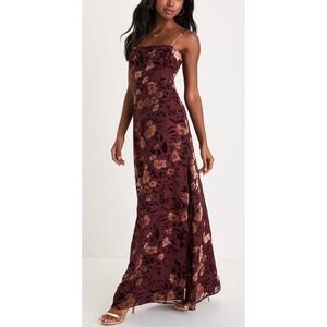 NWT Lulus Effortless Celebration Burgundy Floral Burnout A-Line Maxi Dress XS